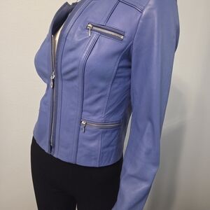 White House Black Market Blue Leather Moto Sexy Jacket XXS